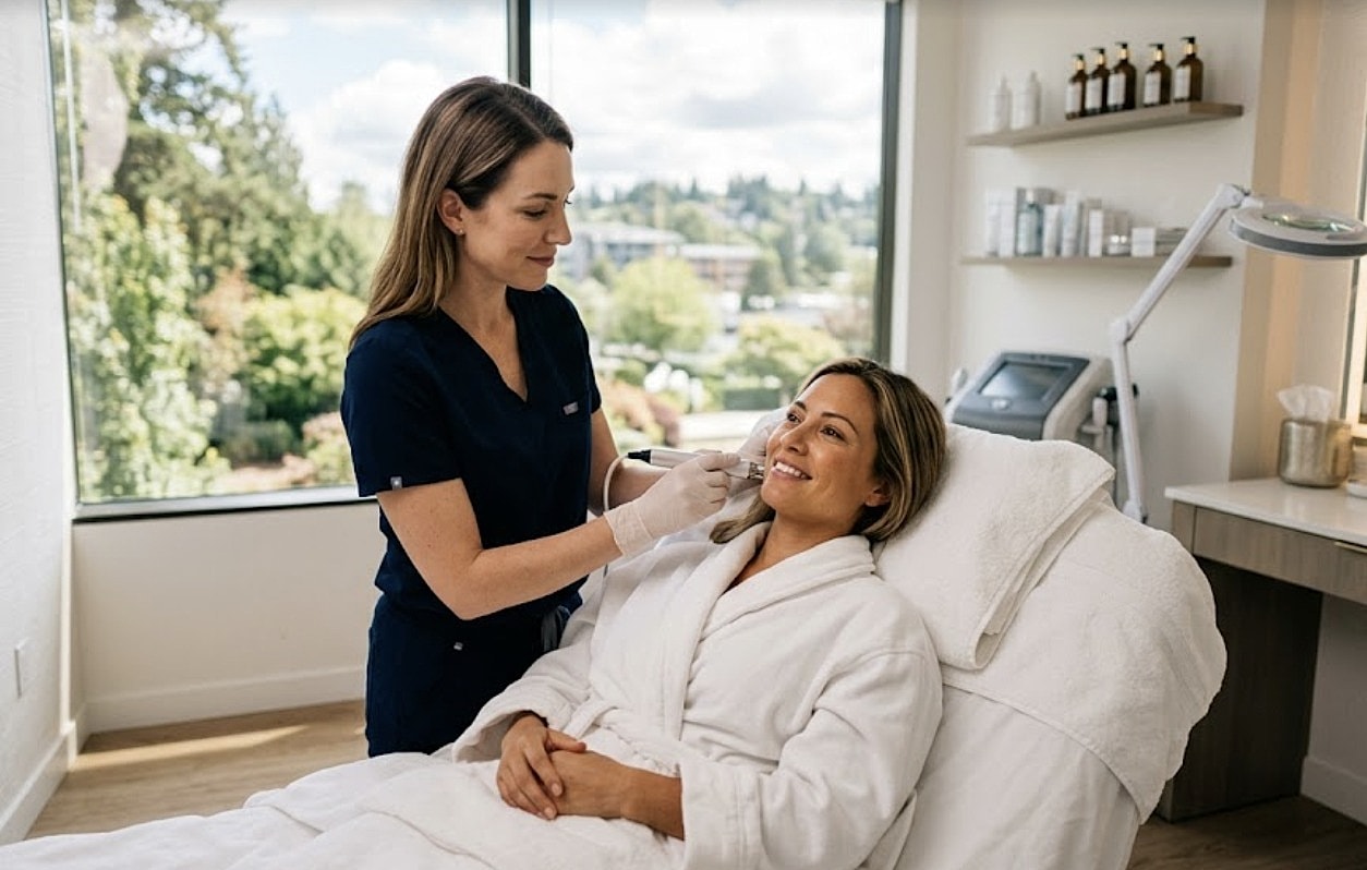 Woman receiving skincare treatment in clinic.