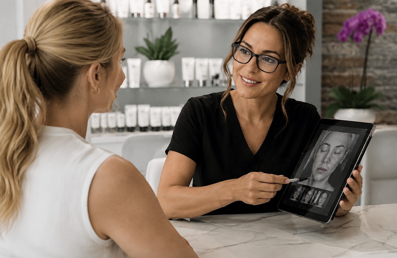 Consultation at a skincare clinic with tablet display.