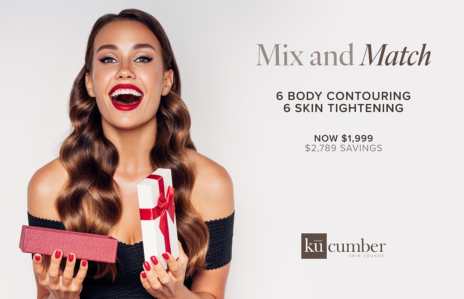 Smiling woman holding gift boxes for promotion.