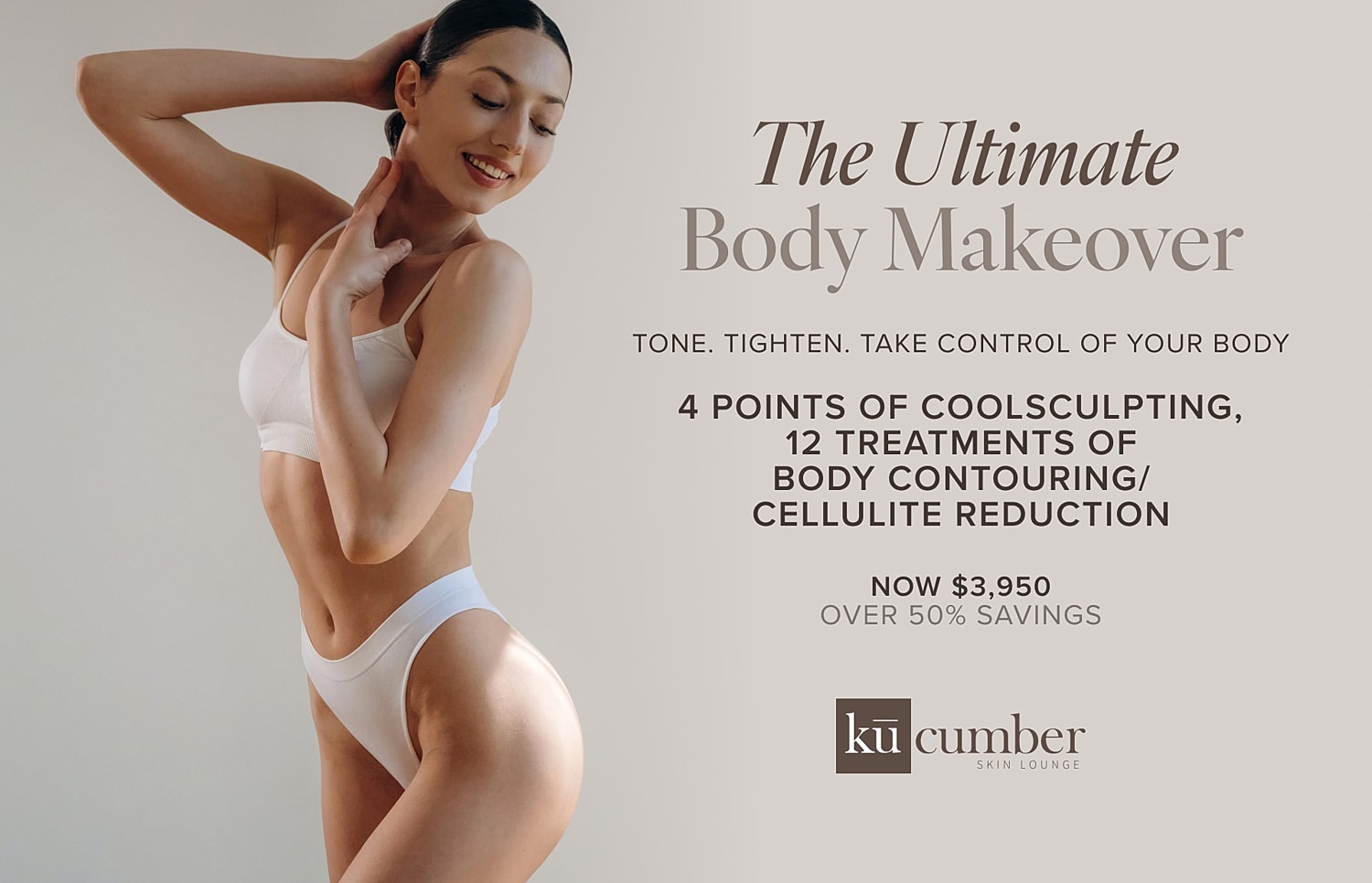 Woman promoting body makeover and contouring services.