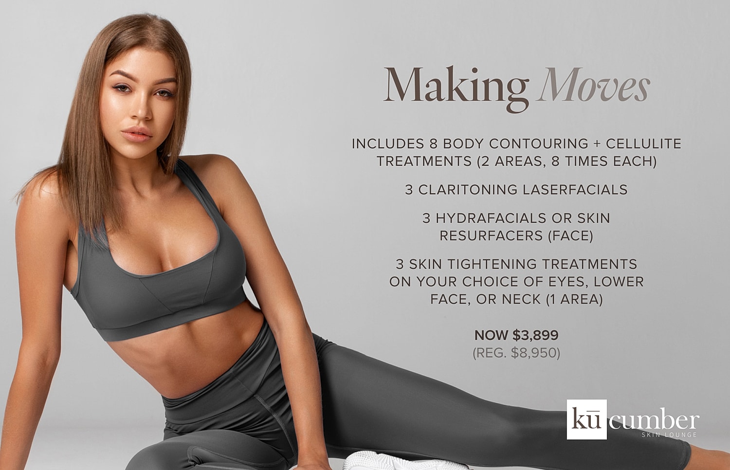 Beauty treatment package advertisement featuring a model.