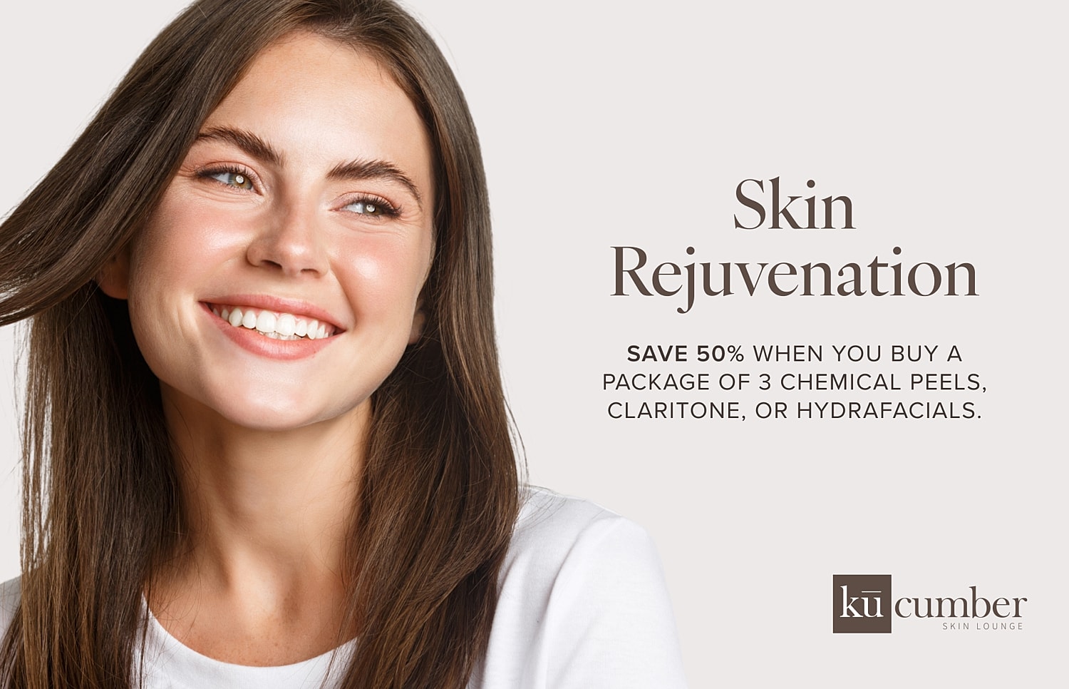 Smiling woman promoting skin rejuvenation services.