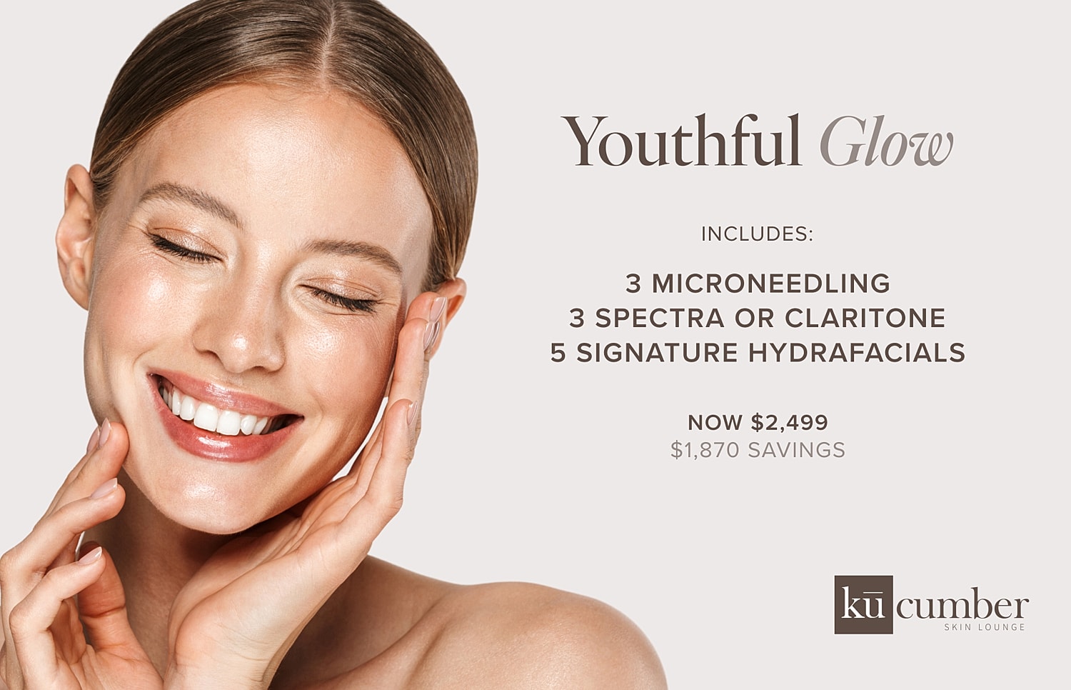 Youthful Glow facial package promotion with smiling model.