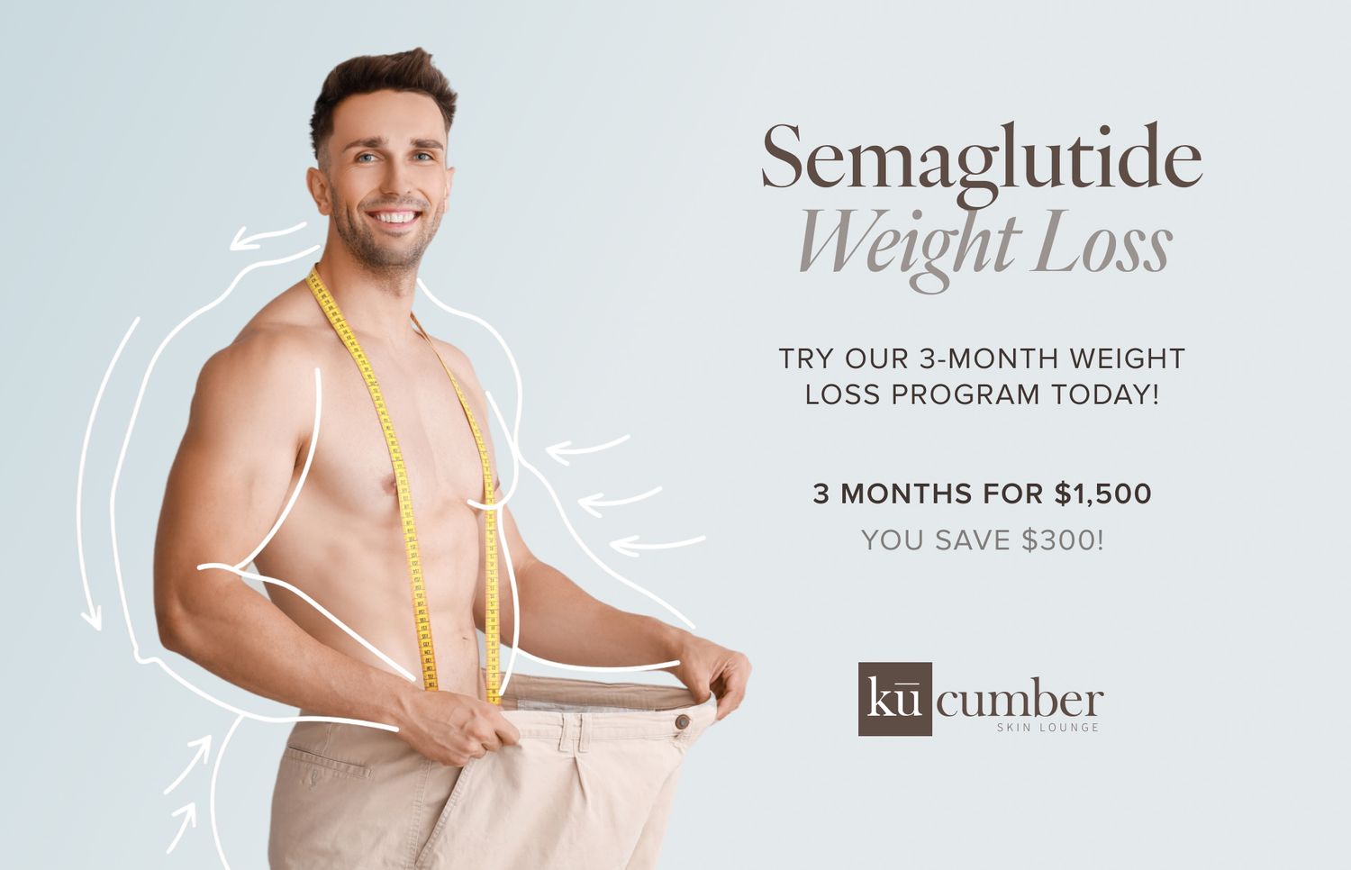 Man promoting weight loss program with measuring tape.